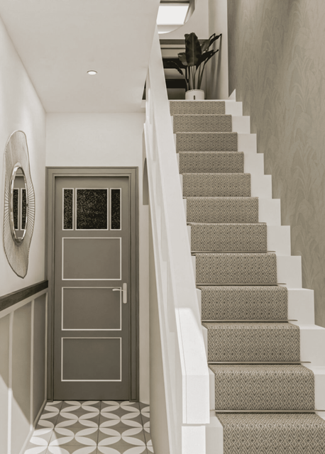 Hal met traploper en groene deur in jaren 30 woning interieur met geometrische vloertegels