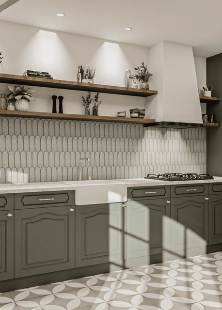 Stijlvolle keuken in jaren 30 woning interieur met groene kasten, wandplanken en witte spoelbak